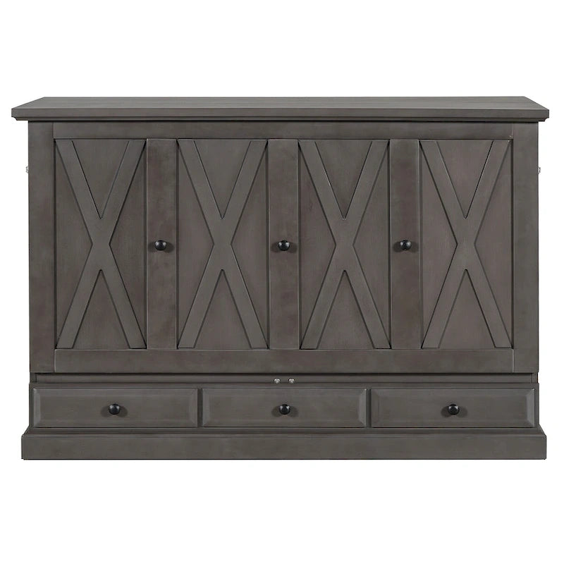 Solid Pine Wood Murphy Bed Chest Cube Cabinet Bed with Charging Station and Large Storage Drawer