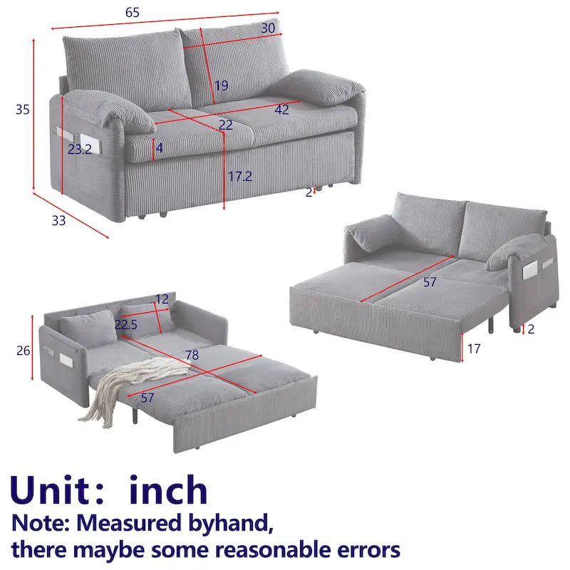 64.5 Loveseat Sofa with Pullout Bed,Corduroy Convertible Sleeper Sofa