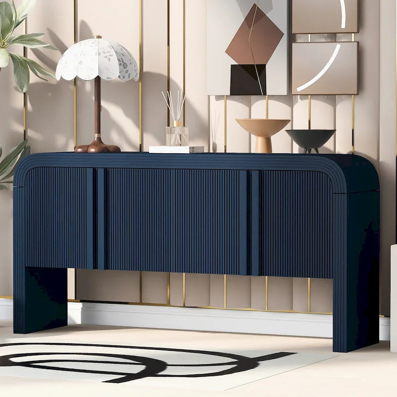 Arched Storage Cabinet Sideboard with 4 Stripes Doors and Adjustable Shelves, Modern Entryway Cabinets with Pine Leg