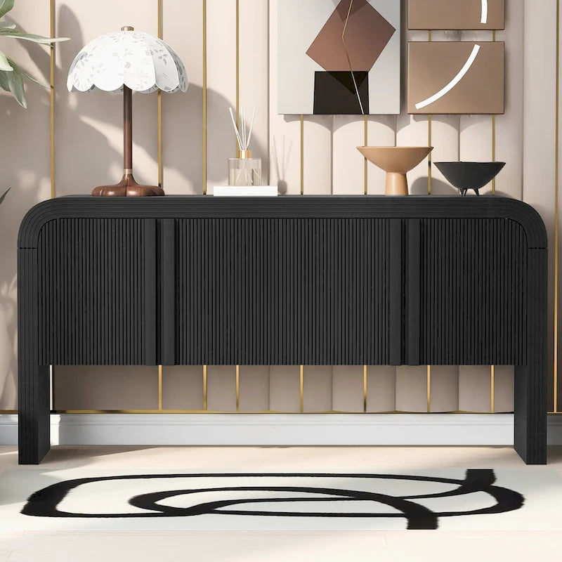 Arched Storage Cabinet Sideboard with 4 Stripes Doors and Adjustable Shelves, Modern Entryway Cabinets with Pine Leg