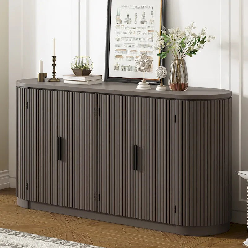 Accent Cabinet with 4 Vertical Striped Door and Metal Handles, Entryway Cabinets Storage Sideboard with Adjustable Shelves