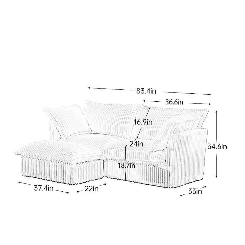 83.4 Corduroy L-Shaped Sectional Sofa with Ottoman