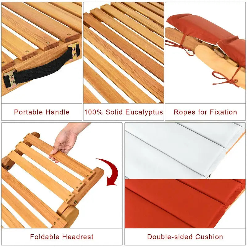 Gymax 2PCS Outdoor Folding Chaise Eucalyptus Lounge Chair w/ - See Details