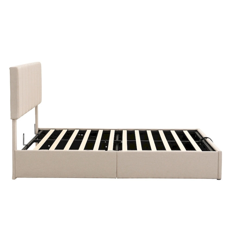 Queen Size Linen Platform Bed - Hydraulic Lift Platform with Hidden Compartment, Solid Pine Wood Frame