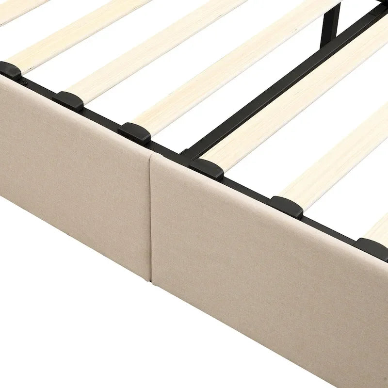 Queen Size Linen Platform Bed - Hydraulic Lift Platform with Hidden Compartment, Solid Pine Wood Frame