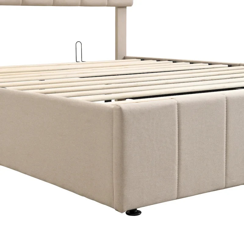 Queen Size Linen Platform Bed - Hydraulic Lift Platform with Hidden Compartment, Solid Pine Wood Frame