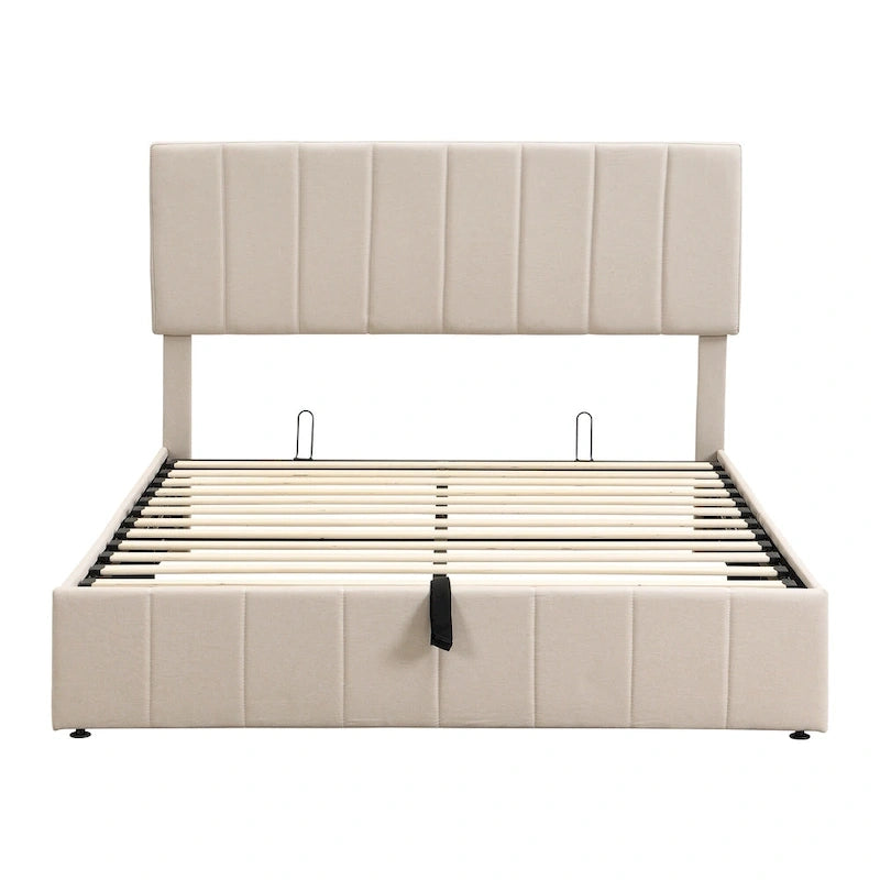 Queen Size Linen Platform Bed - Hydraulic Lift Platform with Hidden Compartment, Solid Pine Wood Frame