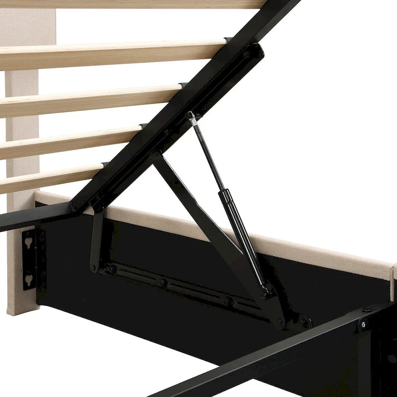 Queen Size Linen Platform Bed - Hydraulic Lift Platform with Hidden Compartment, Solid Pine Wood Frame