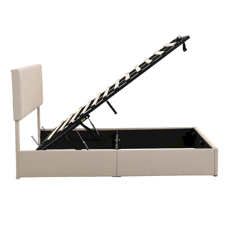 Queen Size Linen Platform Bed - Hydraulic Lift Platform with Hidden Compartment, Solid Pine Wood Frame