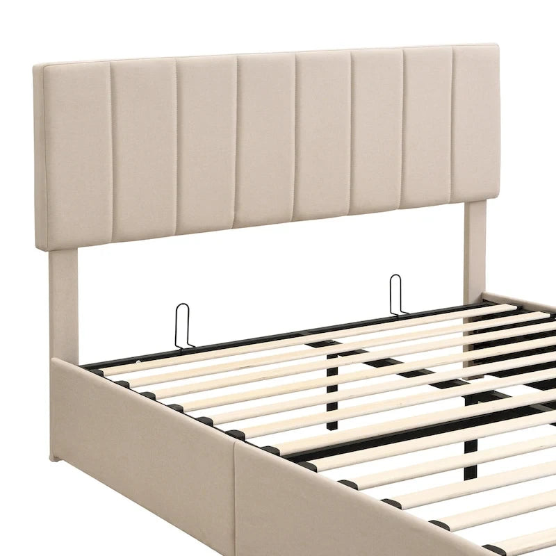 Queen Size Linen Platform Bed - Hydraulic Lift Platform with Hidden Compartment, Solid Pine Wood Frame