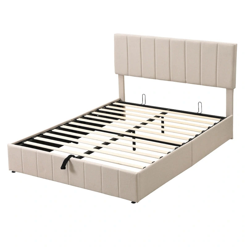 Queen Size Linen Platform Bed - Hydraulic Lift Platform with Hidden Compartment, Solid Pine Wood Frame
