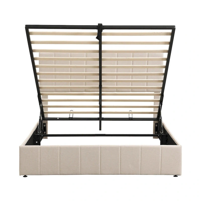 Queen Size Linen Platform Bed - Hydraulic Lift Platform with Hidden Compartment, Solid Pine Wood Frame