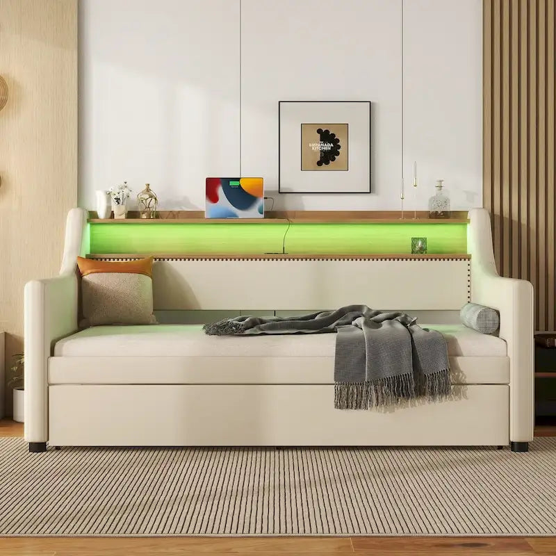 Twin Size Upholstered Daybed with Trundle and LED
