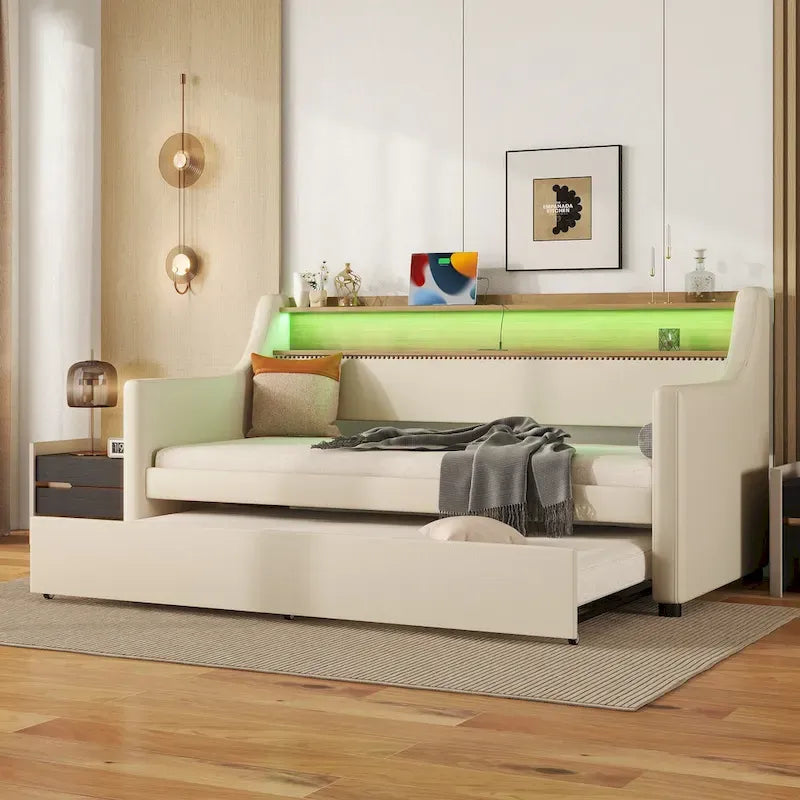 Twin Size Upholstered Daybed with Trundle and LED