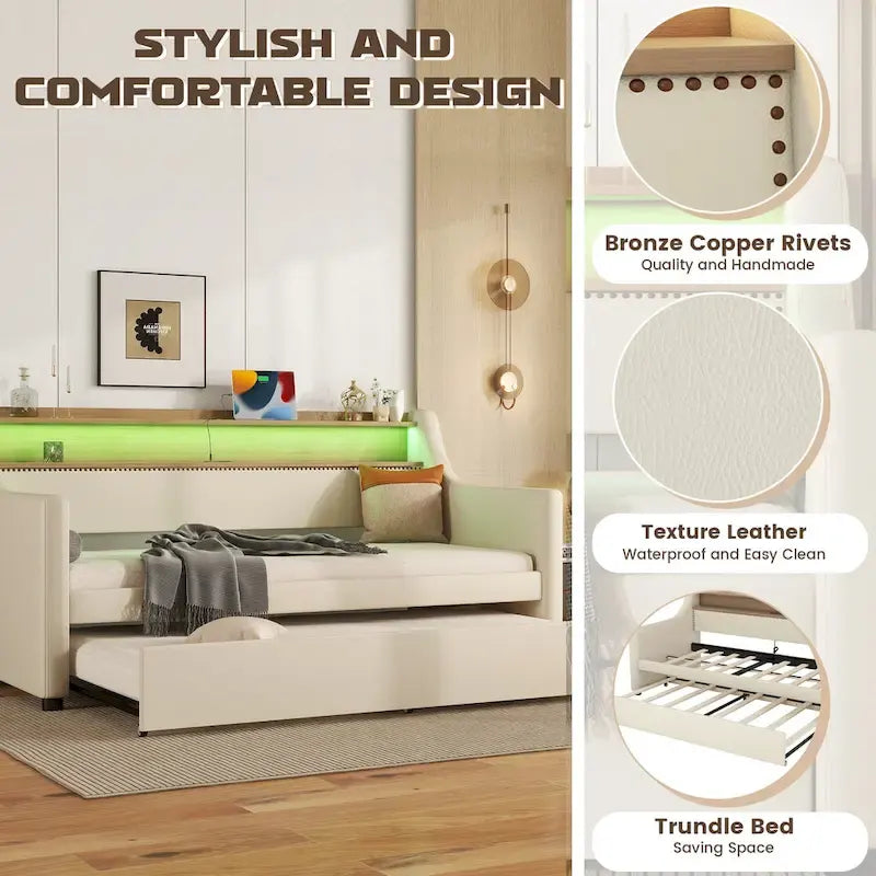 Twin Size Upholstered Daybed with Trundle and LED