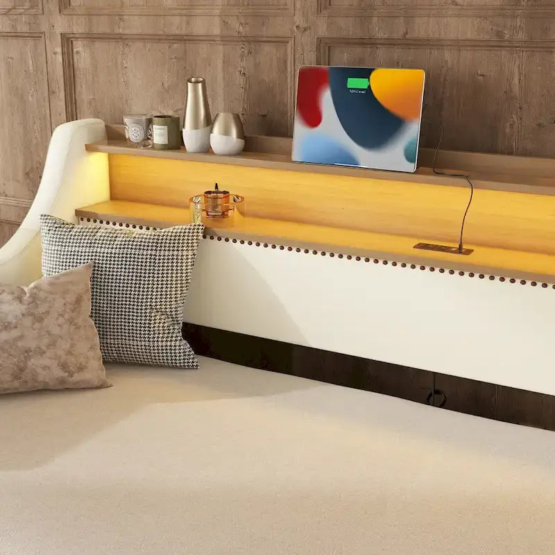 Twin Size Upholstered Daybed with Trundle and LED