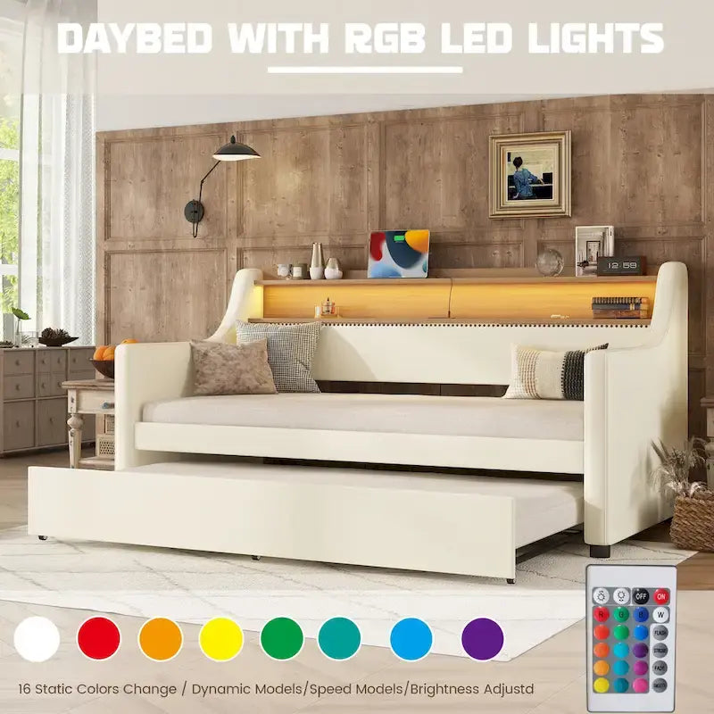 Twin Size Upholstered Daybed with Trundle and LED