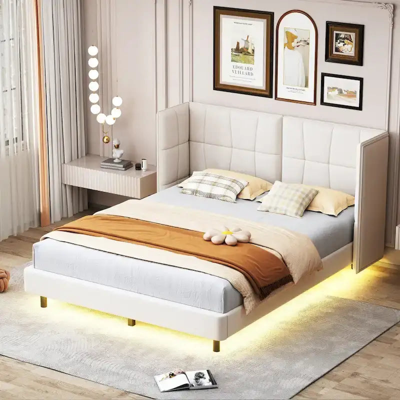 Queen Size Upholstered Platform Bed with LED Lights and U-Shaped Headboard