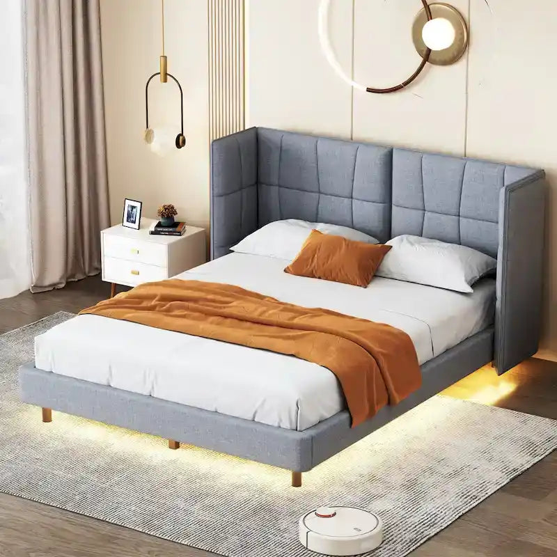 Queen Size Upholstered Platform Bed with LED Lights and U-Shaped Headboard