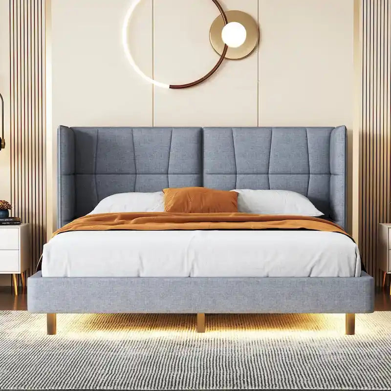 Queen Size Upholstered Platform Bed with LED Lights and U-Shaped Headboard