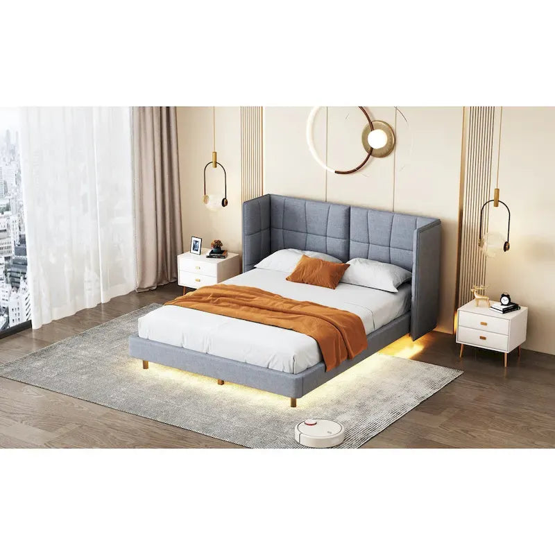 Queen Size Upholstered Platform Bed with LED Lights and U-Shaped Headboard