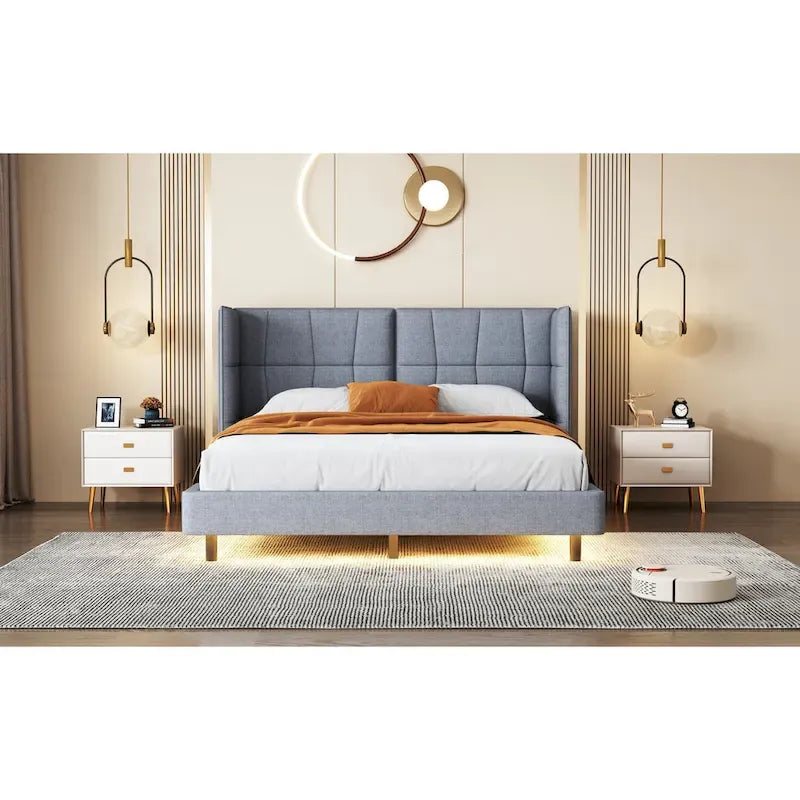 Queen Size Upholstered Platform Bed with LED Lights and U-Shaped Headboard