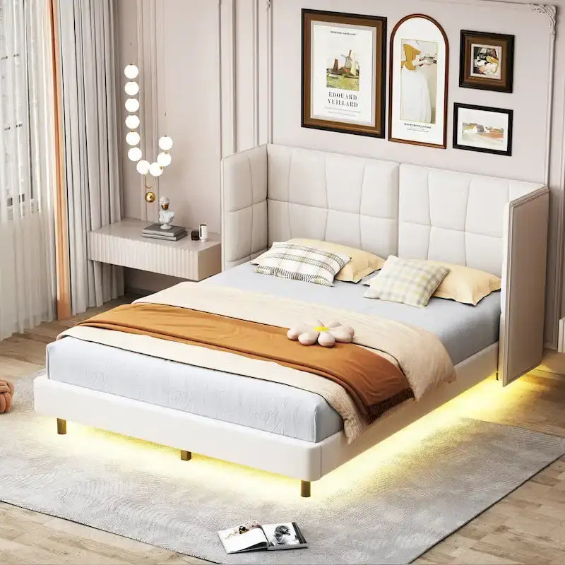 Queen Size Upholstered Platform Bed with LED Lights and U-Shaped Headboard