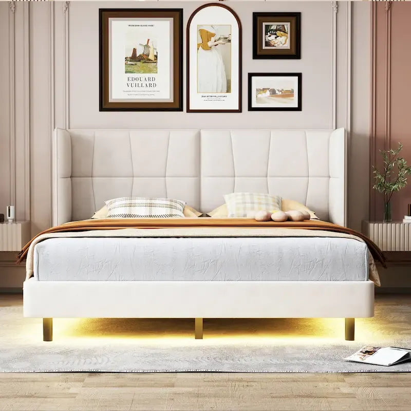 Queen Size Upholstered Platform Bed with LED Lights and U-Shaped Headboard