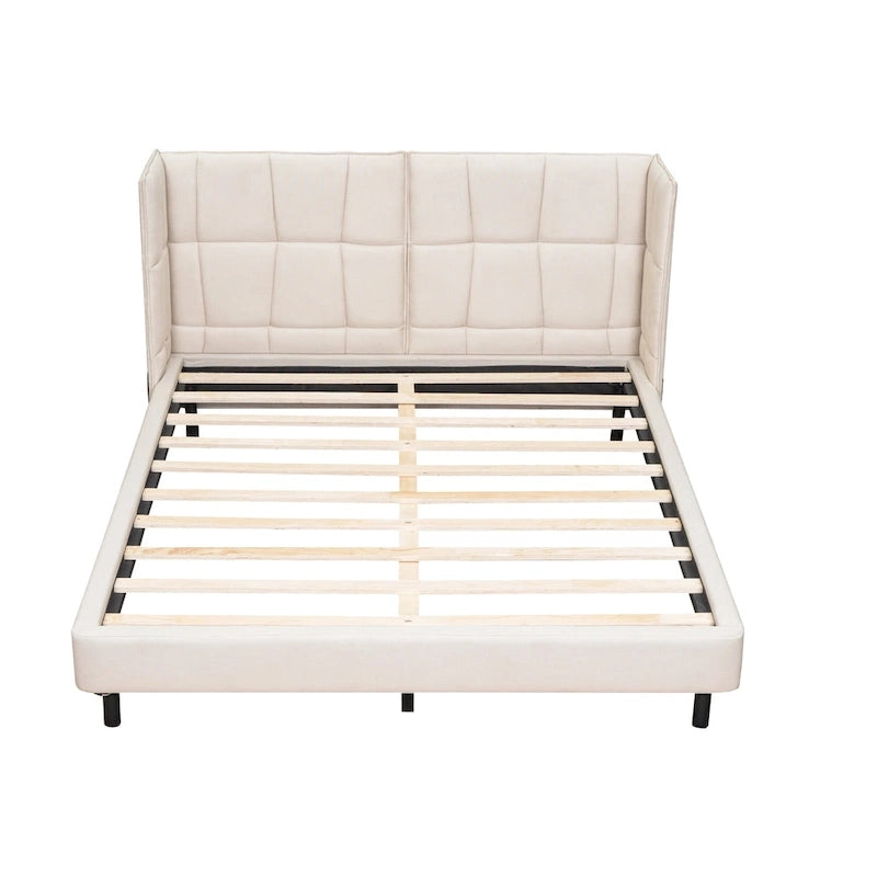 Queen Size Upholstered Platform Bed with LED Lights and U-Shaped Headboard