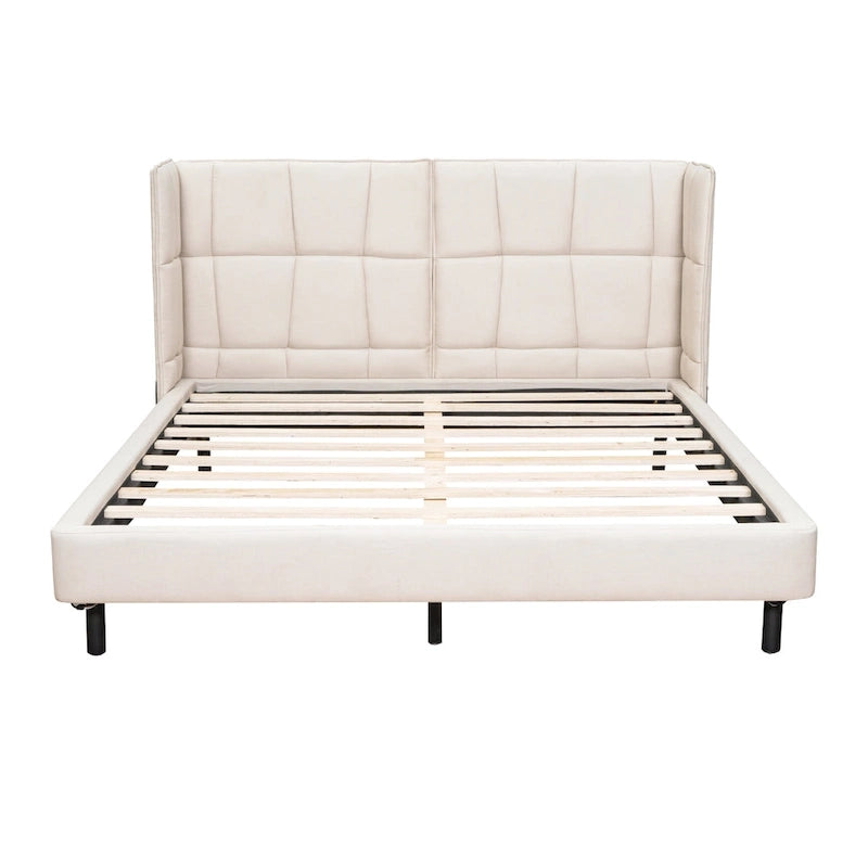 Queen Size Upholstered Platform Bed with LED Lights and U-Shaped Headboard