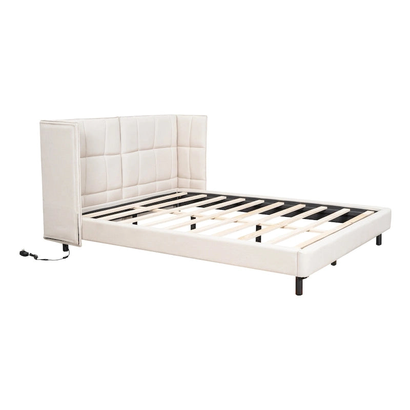Queen Size Upholstered Platform Bed with LED Lights and U-Shaped Headboard