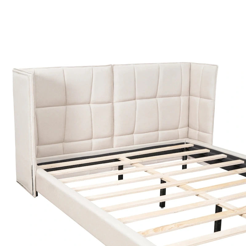 Queen Size Upholstered Platform Bed with LED Lights and U-Shaped Headboard
