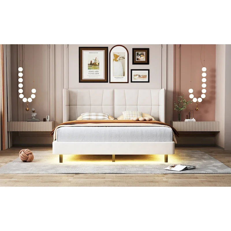 Queen Size Upholstered Platform Bed with LED Lights and U-Shaped Headboard