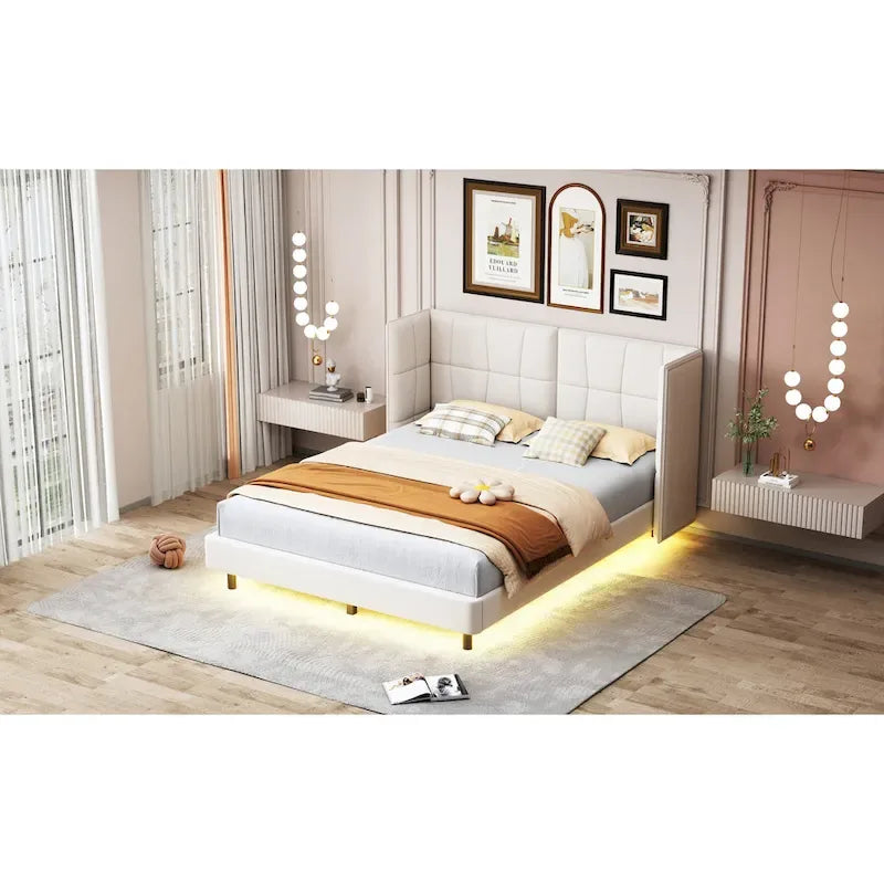 Queen Size Upholstered Platform Bed with LED Lights and U-Shaped Headboard
