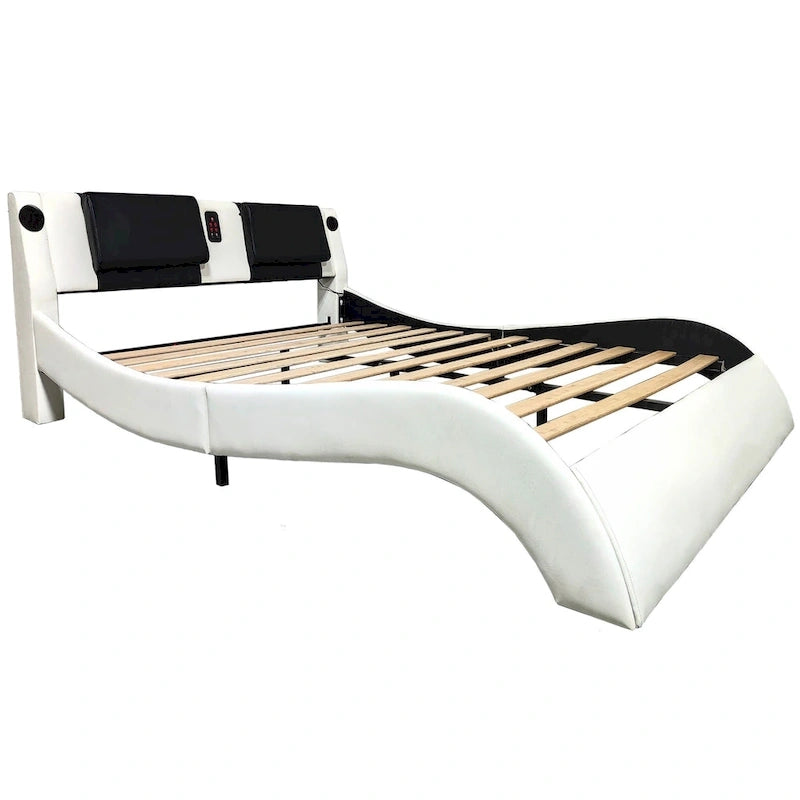 Faux Leather Upholstered Platform Bed with LED Lighting and Wood Slat Support