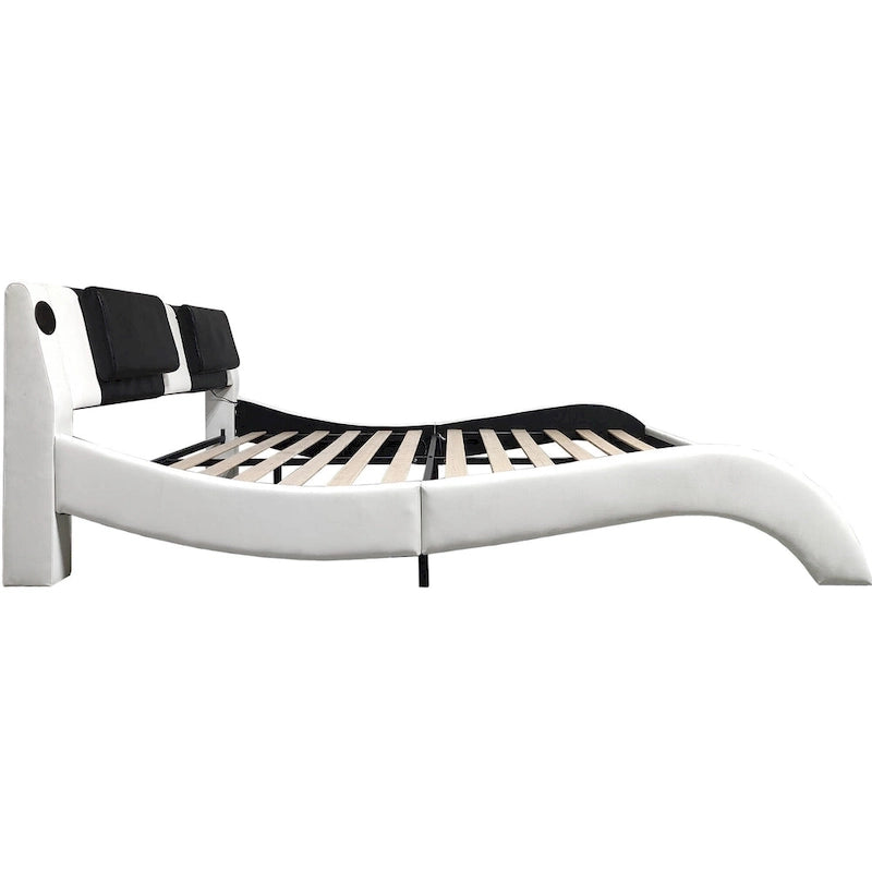 Faux Leather Upholstered Platform Bed with LED Lighting and Wood Slat Support
