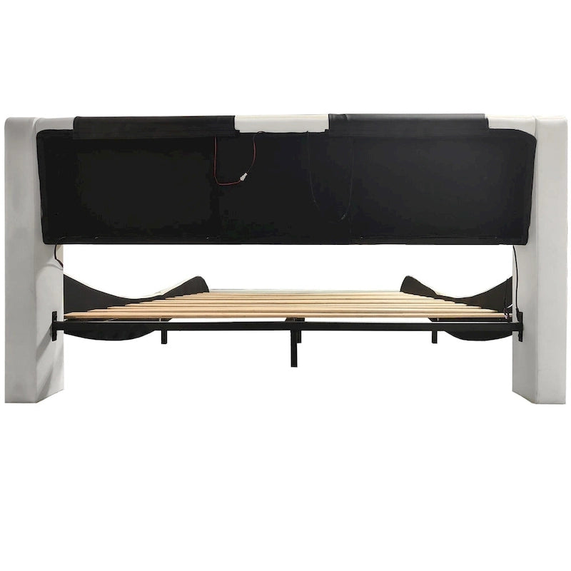 Faux Leather Upholstered Platform Bed with LED Lighting and Wood Slat Support