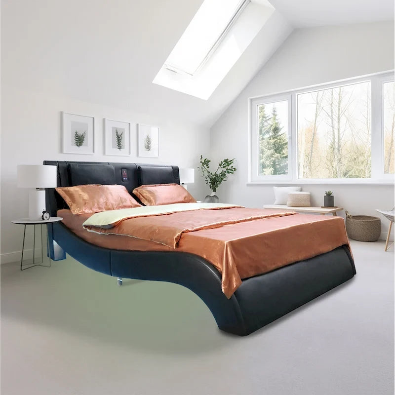 Faux Leather Upholstered Platform Bed with LED Lighting and Wood Slat Support
