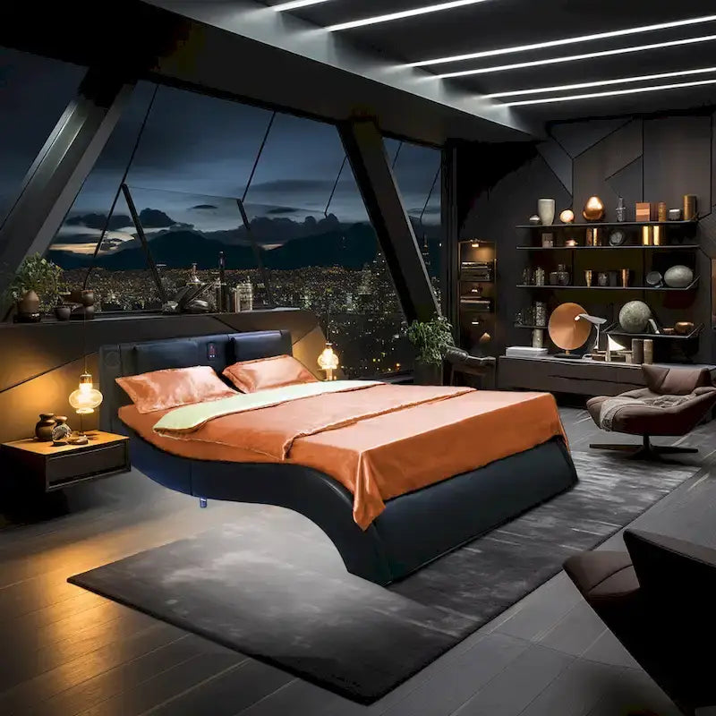 Faux Leather Upholstered Platform Bed with LED Lighting and Wood Slat Support