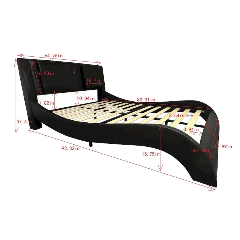 Faux Leather Upholstered Platform Bed with LED Lighting and Wood Slat Support