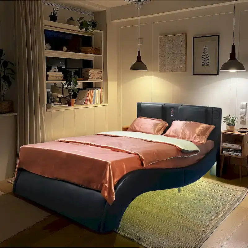Faux Leather Upholstered Platform Bed with LED Lighting and Wood Slat Support