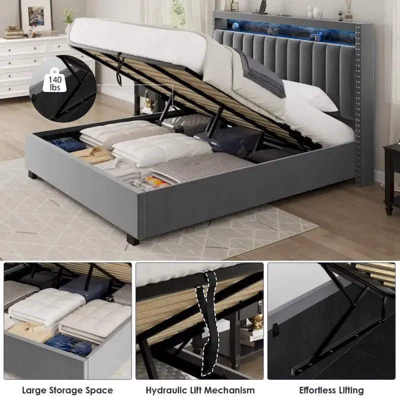 Luxury Gas Lift Storage Bed with LED Lights