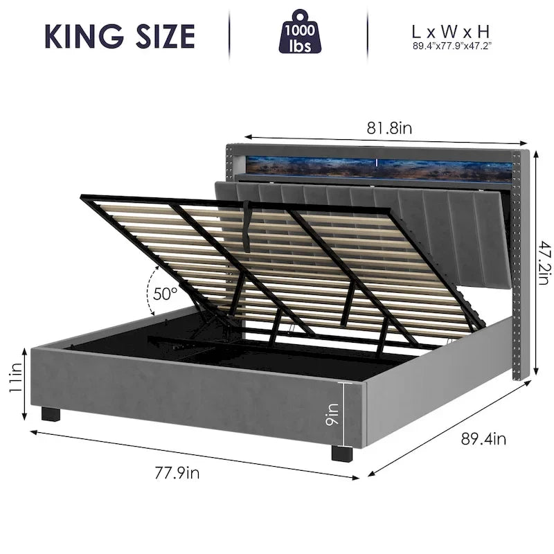 Luxury Gas Lift Storage Bed with LED Lights