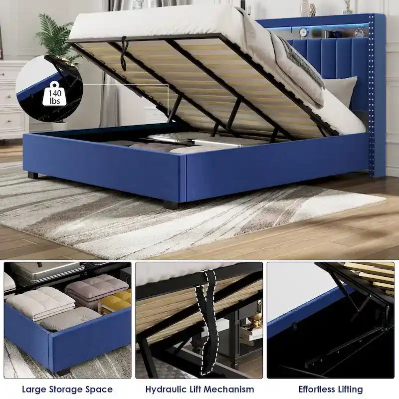 Luxury Gas Lift Storage Bed with LED Lights