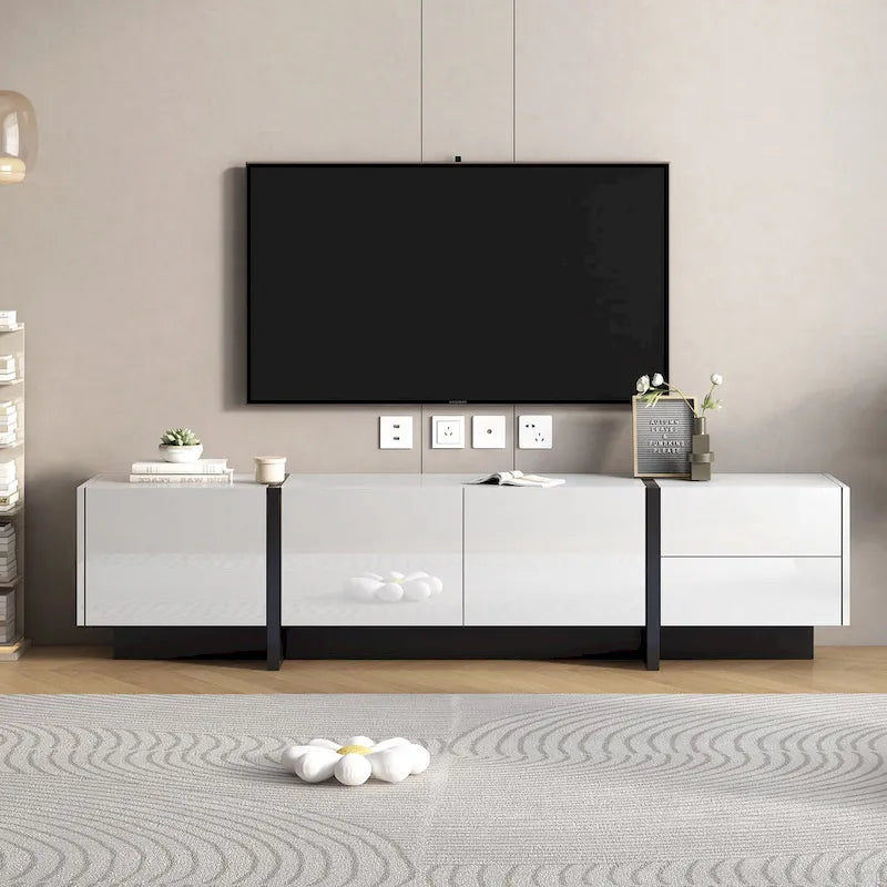 White 74 TV Stand with High Gloss & Storage for TVs Up to 80