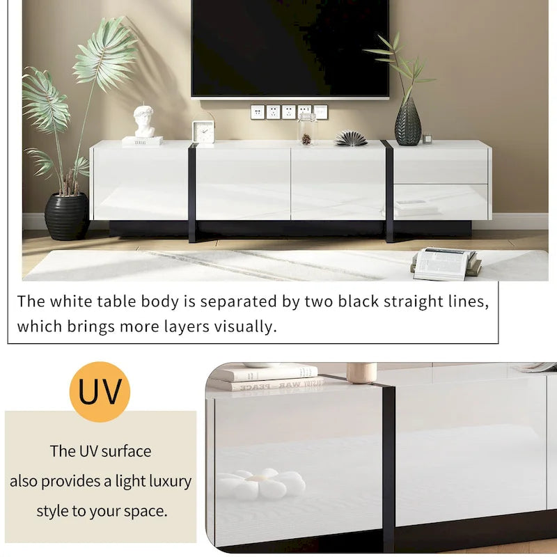 White 74 TV Stand with High Gloss & Storage for TVs Up to 80