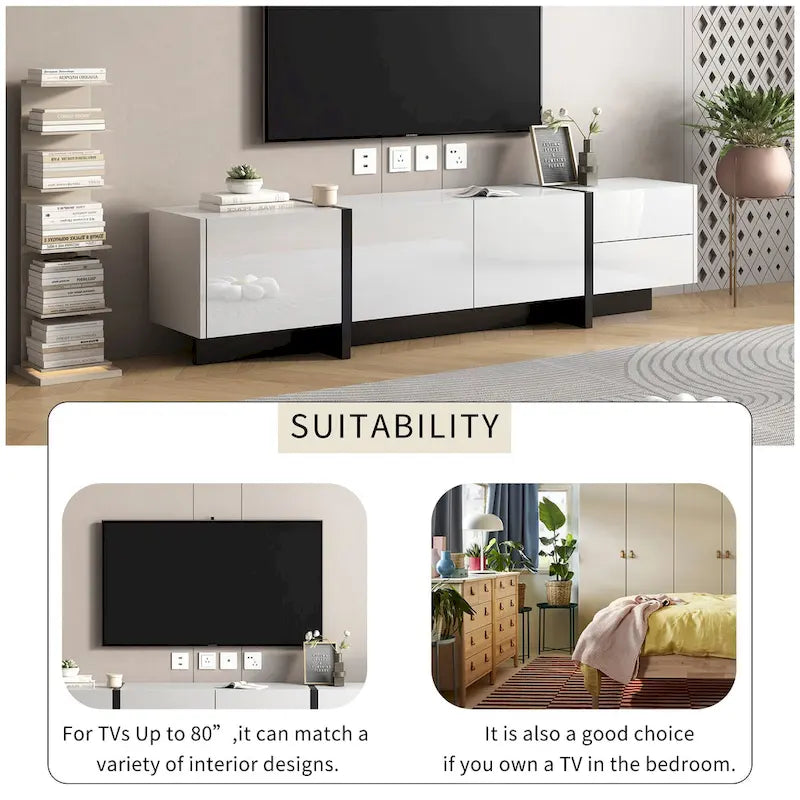 White 74 TV Stand with High Gloss & Storage for TVs Up to 80