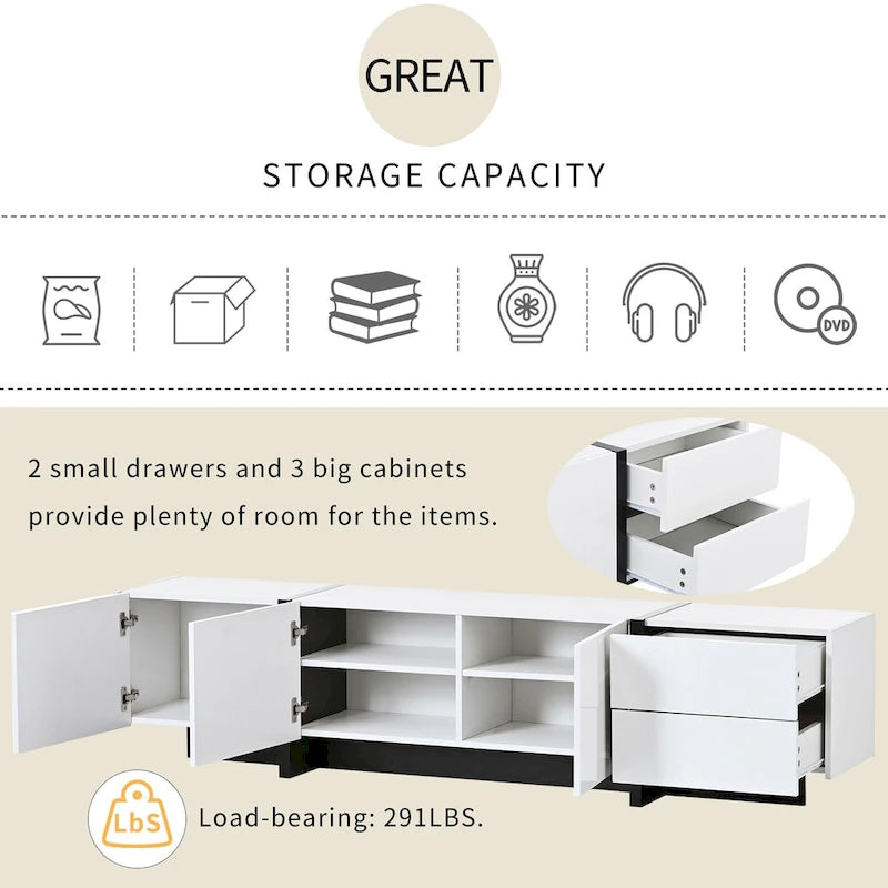 White 74 TV Stand with High Gloss & Storage for TVs Up to 80