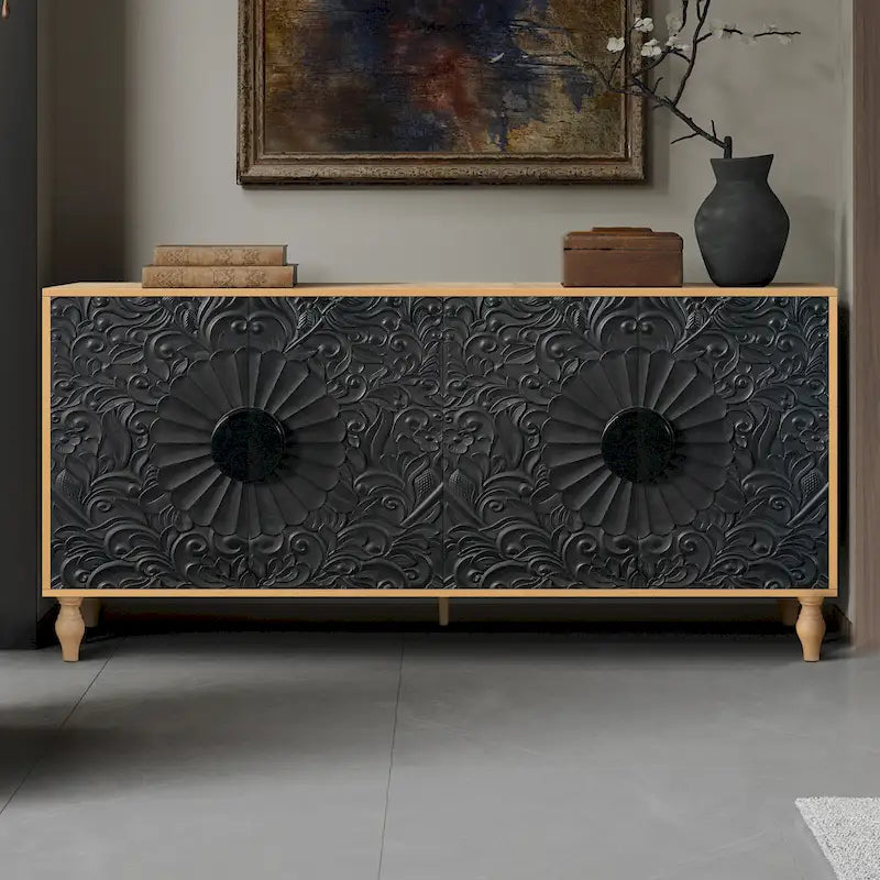 62.99 Accent TV Stand Cabinet with Carved Pattern Door, Storage Shelf, and Solid Wood Leg for Living Room