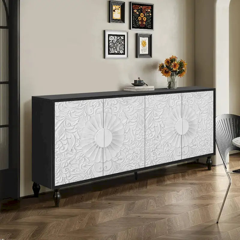 62.99 Accent TV Stand Cabinet with Carved Pattern Door, Storage Shelf, and Solid Wood Leg for Living Room